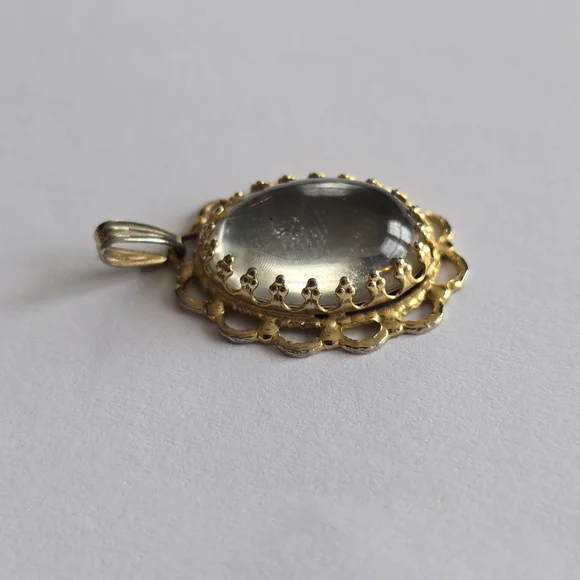 Vintage pendant silver clear cabochon Gold tone setting charm boho - Picture 3 of 12